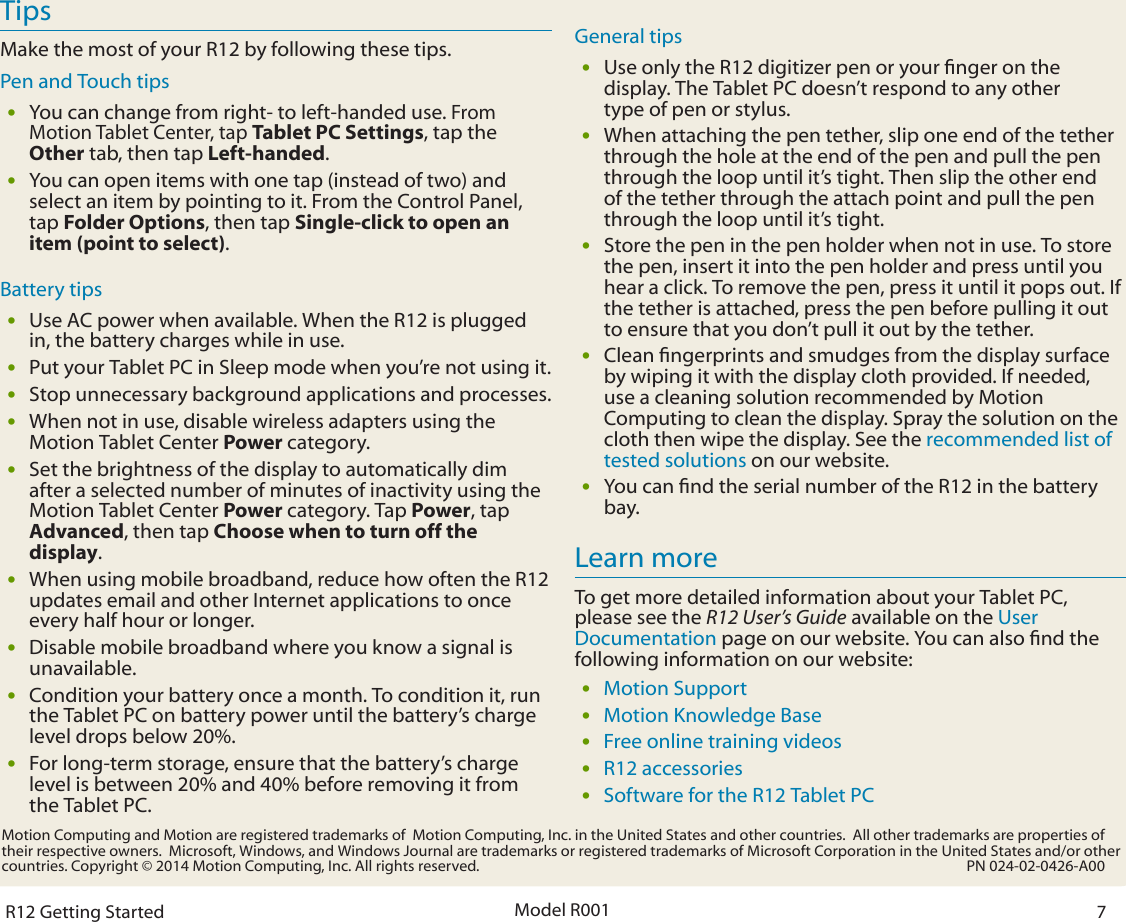 Page 7 of 7 - Motion-Computing Motion-Computing-R12-Windows-8-1-Getting-Started-Guide- Getting Started With The Motion® R12 Tablet PC  Motion-computing-r12-windows-8-1-getting-started-guide