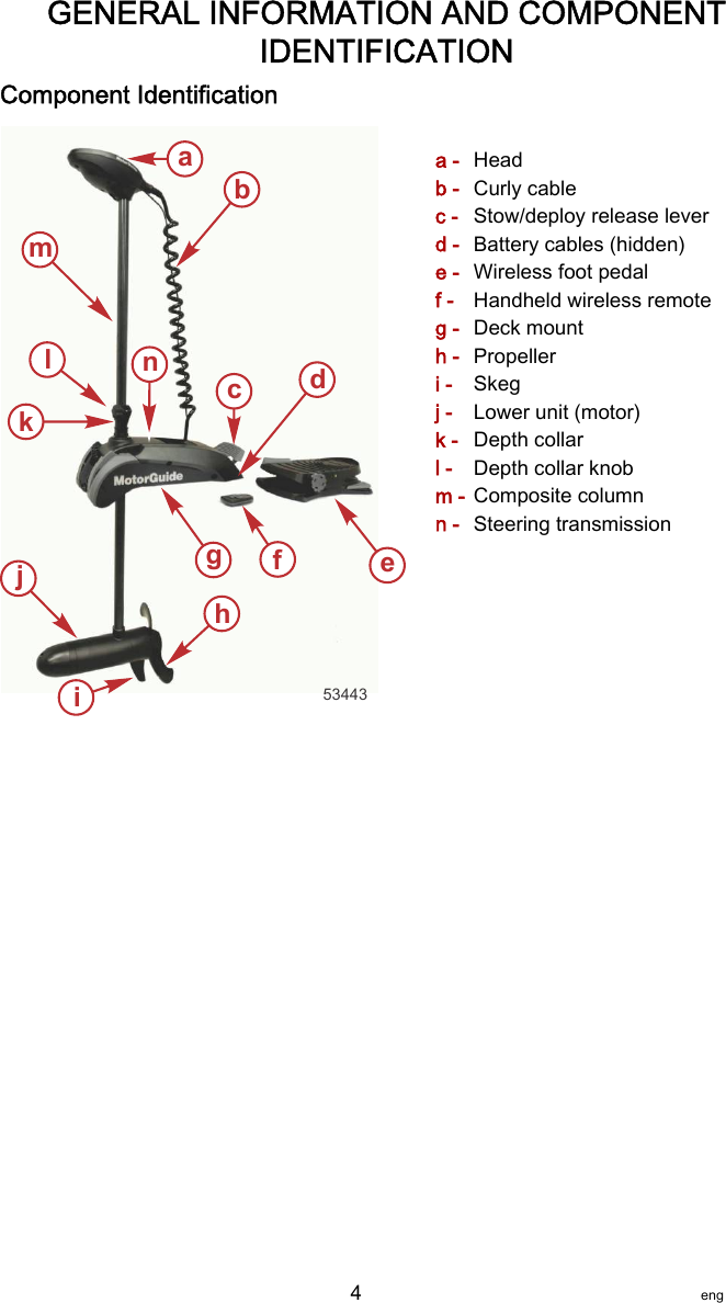 Component Identificationa - Headb - Curly cablec - Stow/deploy release leverd - Battery cables (hidden)e - Wireless foot pedalf - Handheld wireless remoteg - Deck mounth - Propelleri - Skegj - Lower unit (motor)k - Depth collarl - Depth collar knobm - Composite columnn - Steering transmission53443bhijkmgedancflGENERAL INFORMATION AND COMPONENTIDENTIFICATION   4 eng