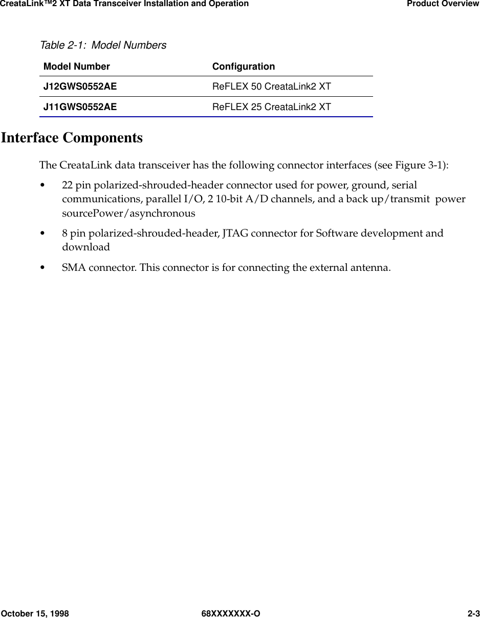 CreataLink™2 XT Data Transceiver Installation and Operation Product OverviewOctober 15, 1998 68XXXXXXX-O 2-3Interface ComponentsThe CreataLink data transceiver has the following connector interfaces (see Figure 3-1):• 22 pin polarized-shrouded-header connector used for power, ground, serialcommunications, parallel I/O, 2 10-bit A/D channels, and a back up/transmit  powersourcePower/asynchronous• 8 pin polarized-shrouded-header, JTAG connector for Software development anddownload• SMA connector. This connector is for connecting the external antenna.Table 2-1: Model NumbersModel Number ConﬁgurationJ12GWS0552AE ReFLEX 50 CreataLink2 XTJ11GWS0552AE ReFLEX 25 CreataLink2 XT