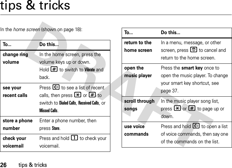 26tips &amp; trickstips &amp; tricksIn the home screen (shown on page 18):To... Do this...change ring volumeIn the home screen, press the volume keys up or down. Hold# to switch to Vibrate and back.see your recent callsPressN to see a list of recent calls, then press *or# to switch to Dialed Calls, Received Calls,or Missed Calls.store a phone numberEnter a phone number, then press Store.check your voicemailPress and hold 1 to check your voicemail.return to the home screenIn a menu, message, or other screen, pressO to cancel and return to the home screen.open the music playerPress the smart key once to open the music player. To change your smart key shortcut, see page 37.scroll through songsIn the music player song list, press *or# to page up or down.use voice commandsPress and holdN to open a list of voice commands, then say one of the commands on the list.To... Do this...