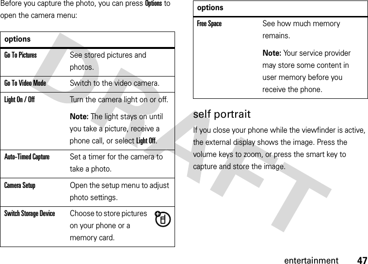 47entertainmentBefore you capture the photo, you can press Options to open the camera menu:self portraitIf you close your phone while the viewfinder is active, the external display shows the image. Press the volume keys to zoom, or press the smart key to capture and store the image.optionsGo To PicturesSee stored pictures and photos.Go To Video ModeSwitch to the video camera.Light On / OffTurn the camera light on or off.Note: The light stays on until you take a picture, receive a phone call, or select Light Off.Auto-Timed CaptureSet a timer for the camera to take a photo.Camera SetupOpen the setup menu to adjust photo settings.Switch Storage DeviceChoose to store pictures on your phone or a memory card.Free SpaceSee how much memory remains.Note: Your service provider may store some content in user memory before you receive the phone.options