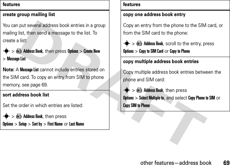 other features—address book69create group mailing listYou can put several address book entries in a group mailing list, then send a message to the list. To create a list:s&gt;=Address Book, then press Options&gt;Create New &gt;Message ListNote: A Message List cannot include entries stored on the SIM card. To copy an entry from SIM to phone memory, see page 69.sort address book listSet the order in which entries are listed:s&gt;=Address Book, then press Options&gt;Setup&gt;Sort by&gt;First Nameor Last Namefeaturescopy one address book entryCopy an entry from the phone to the SIM card, or from the SIM card to the phone:s&gt;=Address Book, scroll to the entry, press Options&gt;Copy to SIM Cardor Copy to Phonecopy multiple address book entriesCopy multiple address book entries between the phone and SIM card:s&gt;=Address Book, then press Options&gt;Select Multiple to, and select Copy Phone to SIMor Copy SIM to Phonefeatures