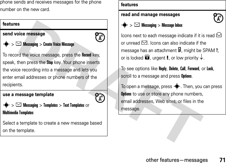 other features—messages71phone sends and receives messages for the phone number on the new card.featuressend voice messages&gt;eMessaging &gt;Create Voice MessageTo record the voice message, press the Record key, speak, then press the Stop key. Your phone inserts the voice recording into a message and lets you enter email addresses or phone numbers of the recipients. use a message templates&gt;eMessaging &gt;Templates &gt;Text Templatesor Multimedia TemplatesSelect a template to create a new message based on the template.read and manage messagess&gt;eMessaging &gt;Message InboxIcons next to each message indicate if it is read&gt; or unread&lt;. Icons can also indicate if the message has an attachment=, might be SPAM?, or is locked9, urgent!, or low priority↓.To see options like Reply, Delete, Call, Forward, or Lock, scroll to a message and press Options.To open a message, press s. Then, you can press Options to use or store any phone numbers, email addresses, Web sites, or files in the message. features