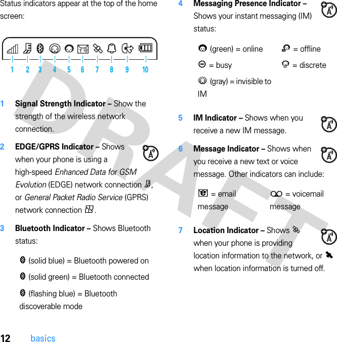 12basicsStatus indicators appear at the top of the home screen: 1Signal Strength Indicator – Show the strength of the wireless network connection.2EDGE/GPRS Indicator – Shows when your phone is using a high-speed Enhanced Data for GSM Evolution (EDGE) network connection Z, or General Packet Radio Service (GPRS) network connection g.3Bluetooth Indicator – Shows Bluetooth status:4Messaging Presence Indicator – Shows your instant messaging (IM) status:5IM Indicator – Shows when you receive a new IM message.6Message Indicator – Shows when you receive a new text or voice message. Other indicators can include:7Location Indicator – Shows P when your phone is providing location information to the network, or Q when location information is turned off.&amp; (solid blue) = Bluetooth powered on&amp; (solid green) = Bluetooth connected&amp; (flashing blue) = Bluetooth discoverable mode210613 9845 70 (green) = online2 = offlineY = busy4 = discrete3 (gray) = invisible to IM V = email message( = voicemail message