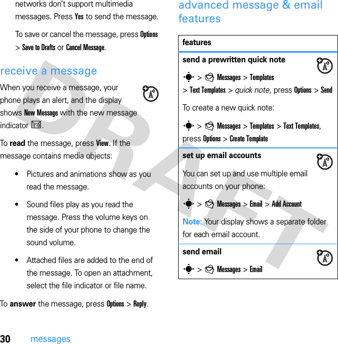 30messagesnetworks don’t support multimedia messages. Press Yes to send the message.To save or cancel the message, press Options &gt; Save to Drafts or Cancel Message.receive a messageWhen you receive a message, your phone plays an alert, and the display shows New Message with the new message indicator U.To read the message, press View. If the message contains media objects:•Pictures and animations show as you read the message.•Sound files play as you read the message. Press the volume keys on the side of your phone to change the sound volume.•Attached files are added to the end of the message. To open an attachment, select the file indicator or file name.To answer the message, press Options &gt; Reply.advanced message &amp; email featuresfeaturessend a prewritten quick notes &gt; g Messages &gt; Templates &gt; Text Templates &gt; quick note, press Options &gt; SendTo create a new quick note:s &gt; g Messages &gt; Templates &gt; Text Templates, press Options &gt; Create Templateset up email accountsYou can set up and use multiple email accounts on your phone:s &gt; g Messages &gt; Email &gt; Add AccountNote: Your display shows a separate folder for each email account.send emails &gt; g Messages &gt; Email