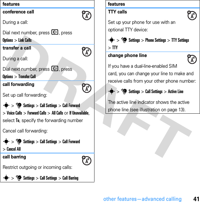 41other features—advanced callingconference callDuring a call:Dial next number, press N, press Options &gt; Link Callstransfer a callDuring a call:Dial next number, press N, press Options &gt; Transfer Callcall forwardingSet up call forwarding:s &gt; u Settings &gt; Call Settings &gt; Call Forward &gt; Voice Calls &gt; Forward Calls &gt; All Calls or If Unavailable, select To, specify the forwarding numberCancel call forwarding:s &gt; u Settings &gt; Call Settings &gt; Call Forward &gt; Cancel Allcall barringRestrict outgoing or incoming calls:s &gt; u Settings &gt; Call Settings &gt; Call BarringfeaturesTTY callsSet up your phone for use with an optional TTY device:s &gt; u Settings &gt; Phone Settings &gt; TTY Settings &gt; TTYchange phone lineIf you have a dual-line-enabled SIM card, you can change your line to make and receive calls from your other phone number:s &gt; u Settings &gt; Call Settings &gt; Active LineThe active line indicator shows the active phone line (see illustration on page 13).features