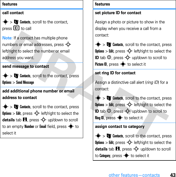 43other features—contactscall contacts &gt; L Contacts, scroll to the contact, press N to callNote: If a contact has multiple phone numbers or email addresses, press S left/right to select the number or email address you want.send message to contacts &gt; L Contacts, scroll to the contact, press Options &gt; Send Messageadd additional phone number or email address to contacts &gt; L Contacts, scroll to the contact, press Options &gt; Edit, press S left/right to select the details tab w, press S up/down to scroll to an empty Number or Email field, press s to select itfeaturesset picture ID for contactAssign a photo or picture to show in the display when you receive a call from a contact:s &gt; L Contacts, scroll to the contact, press Options &gt; Edit, press S left/right to select the ID tab &lt;, press S up/down to scroll to Picture ID, press s to select itset ring ID for contactAssign a distinctive call alert (ring ID) for a contact:s &gt; L Contacts, scroll to the contact, press Options &gt; Edit, press S left/right to select the ID tab &lt;, press S up/down to scroll to Ring ID, press s to select itassign contact to categorys &gt; L Contacts, scroll to the contact, press Options &gt; Edit, press S left/right to select the details tab w, press S up/down to scroll to Category, press s to select itfeatures