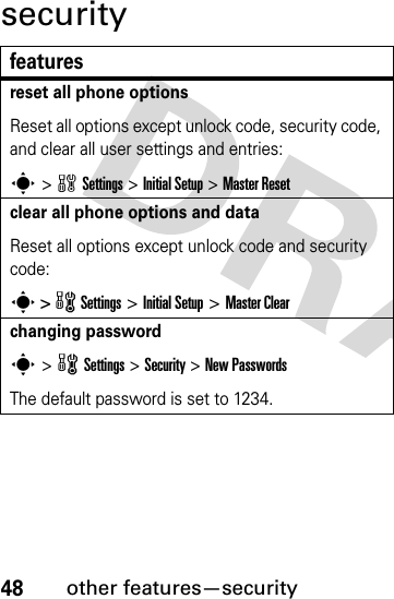 48other features—securitysecurityfeaturesreset all phone optionsReset all options except unlock code, security code, and clear all user settings and entries:s &gt; w Settings &gt; Initial Setup &gt; Master Resetclear all phone options and dataReset all options except unlock code and security code:s &gt; w Settings &gt; Initial Setup &gt; Master Clearchanging passwords &gt; w Settings &gt; Security &gt; New PasswordsThe default password is set to 1234.