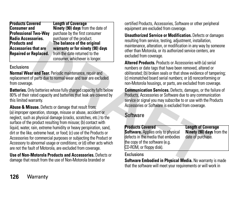 126WarrantyExclusionsNormal Wear and Tear. Periodic maintenance, repair and replacement of parts due to normal wear and tear are excluded from coverage.Batteries. Only batteries whose fully charged capacity falls below 80% of their rated capacity and batteries that leak are covered by this limited warranty.Abuse &amp; Misuse. Defects or damage that result from: (a) improper operation, storage, misuse or abuse, accident or neglect, such as physical damage (cracks, scratches, etc.) to the surface of the product resulting from misuse; (b) contact with liquid, water, rain, extreme humidity or heavy perspiration, sand, dirt or the like, extreme heat, or food; (c) use of the Products or Accessories for commercial purposes or subjecting the Product or Accessory to abnormal usage or conditions; or (d) other acts which are not the fault of Motorola, are excluded from coverage.Use of Non-Motorola Products and Accessories. Defects or damage that result from the use of Non-Motorola branded or certified Products, Accessories, Software or other peripheral equipment are excluded from coverage.Unauthorized Service or Modification. Defects or damages resulting from service, testing, adjustment, installation, maintenance, alteration, or modification in any way by someone other than Motorola, or its authorized service centers, are excluded from coverage.Altered Products. Products or Accessories with (a) serial numbers or date tags that have been removed, altered or obliterated; (b) broken seals or that show evidence of tampering; (c) mismatched board serial numbers; or (d) nonconforming or non-Motorola housings, or parts, are excluded from coverage.Communication Services. Defects, damages, or the failure of Products, Accessories or Software due to any communication service or signal you may subscribe to or use with the Products Accessories or Software is excluded from coverage.SoftwareExclusionsSoftware Embodied in Physical Media. No warranty is made that the software will meet your requirements or will work in Consumer and Professional Two-Way Radio Accessories.Ninety (90) days from the date of purchase by the first consumer purchaser of the product.Products and Accessories that are Repaired or Replaced.The balance of the original warranty or for ninety (90) days from the date returned to the consumer, whichever is longer.Products Covered Length of CoverageProducts Covered Length of CoverageSoftware. Applies only to physical defects in the media that embodies the copy of the software (e.g. CD-ROM, or floppy disk).Ninety (90) days from the date of purchase.