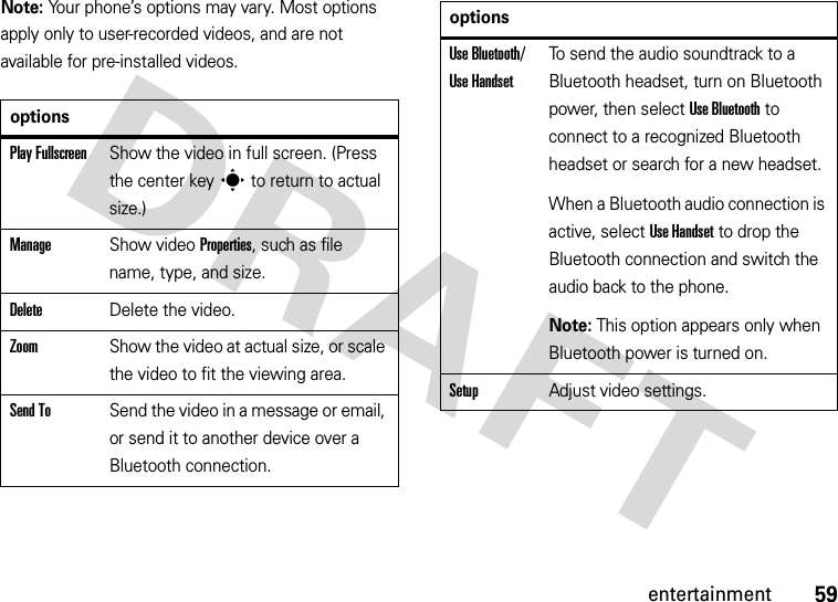 59entertainmentNote: Your phone’s options may vary. Most options apply only to user-recorded videos, and are not available for pre-installed videos.optionsPlay FullscreenShow the video in full screen. (Press the center keys to return to actual size.)ManageShow video Properties, such as file name, type, and size.DeleteDelete the video.ZoomShow the video at actual size, or scale the video to fit the viewing area.Send ToSend the video in a message or email, or send it to another device over a Bluetooth connection.Use Bluetooth/ Use HandsetTo send the audio soundtrack to a Bluetooth headset, turn on Bluetooth power, then select Use Bluetooth to connect to a recognized Bluetooth headset or search for a new headset.When a Bluetooth audio connection is active, select Use Handset to drop the Bluetooth connection and switch the audio back to the phone.Note: This option appears only when Bluetooth power is turned on.SetupAdjust video settings.options