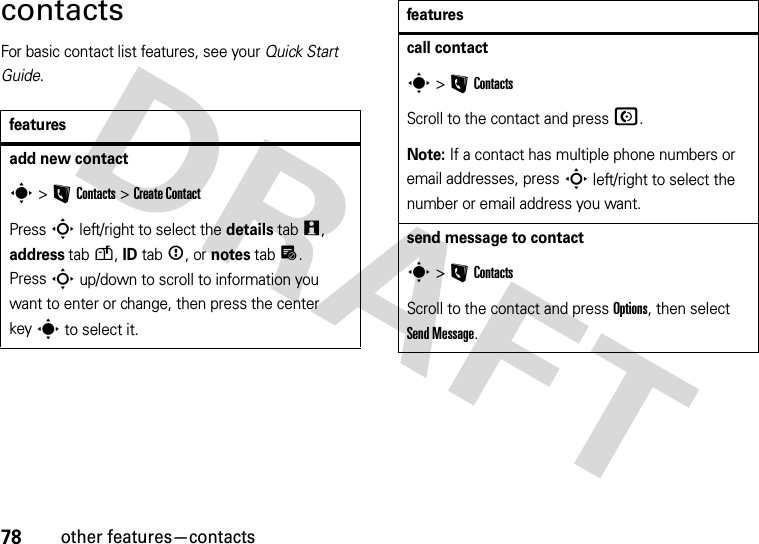 78other features—contactscontactsFor basic contact list features, see your Quick Start Guide.featuresadd new contacts &gt;LContacts &gt;Create ContactPress S left/right to select the details tabw, address tabu, ID tab&lt;, or notes tabx. PressS up/down to scroll to information you want to enter or change, then press the center keys to select it.call contacts &gt;LContactsScroll to the contact and pressN.Note: If a contact has multiple phone numbers or email addresses, press S left/right to select the number or email address you want.send message to contacts &gt;LContactsScroll to the contact and press Options, then select Send Message.features