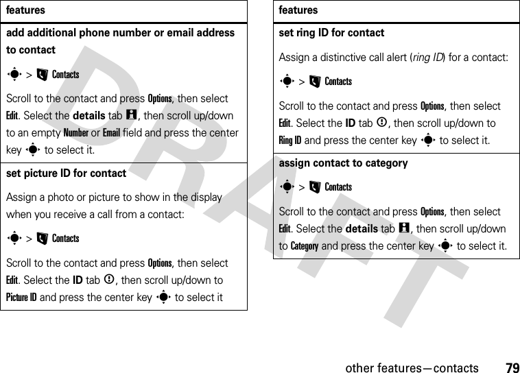 other features—contacts79add additional phone number or email address to contacts &gt;LContactsScroll to the contact and press Options, then select Edit. Select the details tabw, then scroll up/down to an empty Number or Email field and press the center keys to select it.set picture ID for contactAssign a photo or picture to show in the display when you receive a call from a contact:s &gt;LContactsScroll to the contact and press Options, then select Edit. Select the ID tab&lt;, then scroll up/down to Picture ID and press the center keys to select itfeaturesset ring ID for contactAssign a distinctive call alert (ring ID) for a contact:s &gt;LContactsScroll to the contact and press Options, then select Edit. Select the ID tab&lt;, then scroll up/down to Ring ID and press the center keys to select it.assign contact to categorys &gt;LContactsScroll to the contact and press Options, then select Edit. Select the details tabw, then scroll up/down to Category and press the center keys to select it.features