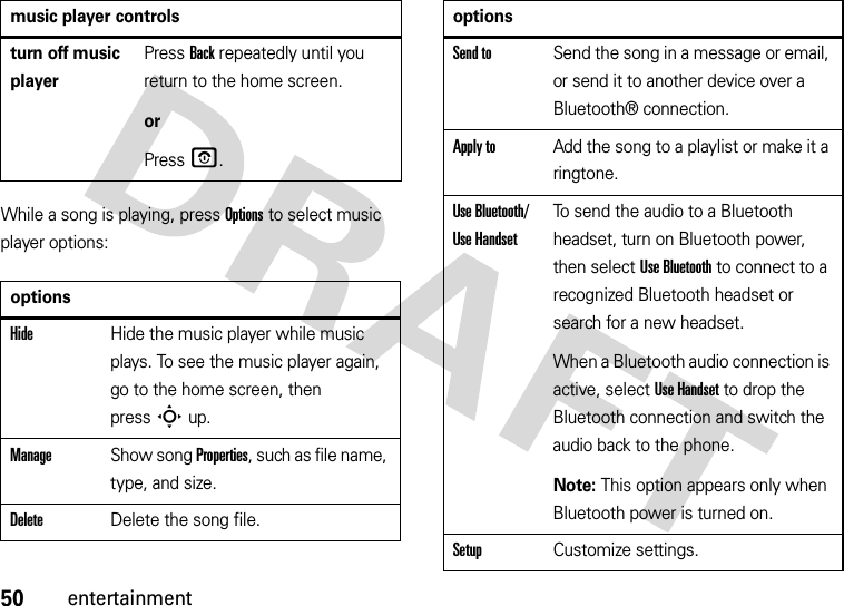 50entertainmentWhile a song is playing, press Options to select music player options:turn off music playerPress Back repeatedly until you return to the home screen.orPress O.optionsHideHide the music player while music plays. To see the music player again, go to the home screen, then pressSup.ManageShow song Properties, such as file name, type, and size.DeleteDelete the song file.music player controlsSend toSend the song in a message or email, or send it to another device over a Bluetooth® connection.Apply toAdd the song to a playlist or make it a ringtone.Use Bluetooth/ Use HandsetTo send the audio to a Bluetooth headset, turn on Bluetooth power, then select Use Bluetooth to connect to a recognized Bluetooth headset or search for a new headset.When a Bluetooth audio connection is active, select Use Handset to drop the Bluetooth connection and switch the audio back to the phone.Note: This option appears only when Bluetooth power is turned on.SetupCustomize settings.options