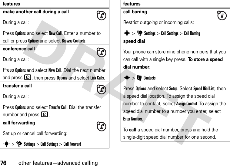 76other features—advanced callingmake another call during a callDuring a call:Press Options and select New Call. Enter a number to call or press Options and select Browse Contacts.conference callDuring a call:Press Options and select New Call. Dial the next number and press N, then press Options and select Link Calls.transfer a callDuring a call:Press Options and select Transfer Call. Dial the transfer number and pressN.call forwardingSet up or cancel call forwarding:s &gt;uSettings &gt;Call Settings &gt;Call Forwardfeaturescall barringRestrict outgoing or incoming calls:s &gt;uSettings &gt;Call Settings &gt;Call Barringspeed dialYour phone can store nine phone numbers that you can call with a single key press. To store a speed dial number:s &gt;LContactsPress Options and select Setup. Select Speed DialList, then a speed dial location. To assign the speed dial number to contact, select Assign Contact. To assign the speed dial number to a number you enter, select Enter Number.To call a speed dial number, press and hold the single-digit speed dial number for one second.features