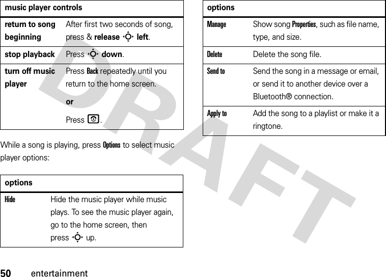 50entertainmentWhile a song is playing, press Options to select music player options:return to song beginningAfter first two seconds of song, press &amp; release Sleft.stop playbackPress Sdown.turn off music playerPress Back repeatedly until you return to the home screen.orPress O.optionsHideHide the music player while music plays. To see the music player again, go to the home screen, then pressSup.music player controlsManageShow song Properties, such as file name, type, and size.DeleteDelete the song file.Send toSend the song in a message or email, or send it to another device over a Bluetooth® connection.Apply toAdd the song to a playlist or make it a ringtone.options