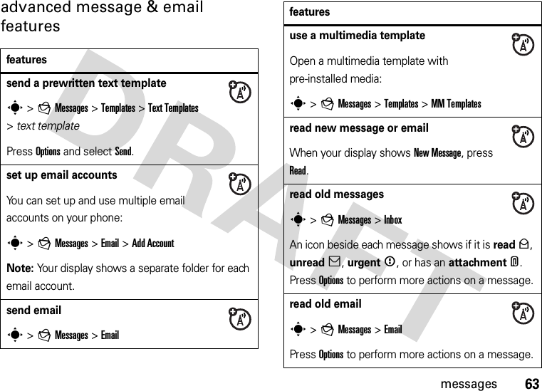 63messagesadvanced message &amp; email featuresfeaturessend a prewritten text templates &gt;gMessages &gt;Templates &gt;Text Templates &gt;text templatePress Options and select Send.set up email accountsYou can set up and use multiple email accounts on your phone:s &gt;gMessages &gt;Email &gt;Add AccountNote: Your display shows a separate folder for each email account.send emails &gt;gMessages &gt;Emailuse a multimedia templateOpen a multimedia template with pre-installed media:s &gt;gMessages &gt;Templates &gt;MM Templatesread new message or emailWhen your display shows New Message, press Read.read old messagess &gt;gMessages &gt;InboxAn icon beside each message shows if it is read&gt;, unread], urgent&lt;, or has an attachment*. Press Options to perform more actions on a message.read old emails &gt;gMessages &gt;EmailPress Options to perform more actions on a message.features