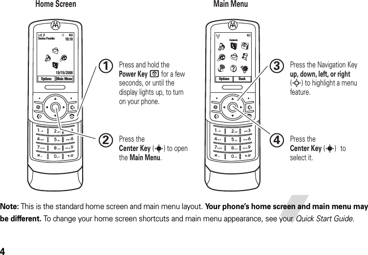 4Note: This is the standard home screen and main menu layout. Your phone’s home screen and main menu may be different. To change your home screen shortcuts and main menu appearance, see your Quick Start Guide. Home Screen Main MenuPress the Navigation Key up, down, left, or right (S) to highlight a menu feature.3Press the Center Key (s) to select it.4 Press and hold the Power Key O for a few seconds, or until the display lights up, to turn on your phone.1Press the Center Key (s) to open the Main Menu.2Service Provider10/15/200810:10Options Main MenuOptions BackContacts6