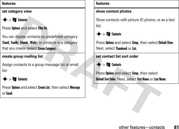 other features—contacts81set category views &gt;LContactsPress Options and select Filter By.You can display contacts by predefined category (Email, Family, Friends, Work), or contacts in a category that you create (select Create Category).create group mailing listAssign contacts to a group message list or email list:s &gt;LContactsPress Options and select Create List, then select Message or Email.featuresshow contact photosShow contacts with picture ID photos, or as a text list:s &gt;LContactsPress Options and select Setup, then select Default View. Next, select Thumbnail or List.set contact list sort orders &gt;LContactsPress Options and select Setup, then select Default Sort Order. Next, select First Name or Last Name.features