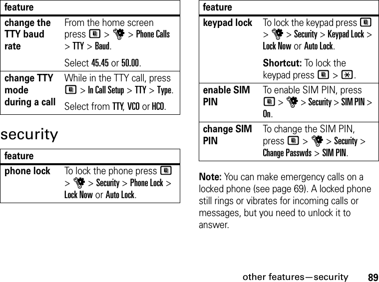 89other features—securitysecurityNote: You can make emergency calls on a locked phone (see page 69). A locked phone still rings or vibrates for incoming calls or messages, but you need to unlock it to answer.change the TTY baud rateFrom the home screen press M &gt; u &gt; Phone Calls &gt; TTY &gt; Baud.Select 45.45 or 50.00.change TTY mode during a callWhile in the TTY call, press M &gt; In Call Setup &gt; TTY &gt; Type.Select from TTY, VCO or HCO.featurephone lockTo lock the phone press M &gt; u &gt; Security &gt; Phone Lock &gt; Lock Now or Auto Lock.featurekeypad lockTo lock the keypad press M &gt; u &gt; Security &gt; Keypad Lock &gt; Lock Now or Auto Lock.Shortcut: To lock the keypad press M &gt; *.enable SIM PINTo enable SIM PIN, press M &gt; u &gt; Security &gt; SIM PIN &gt; On.change SIM PINTo change the SIM PIN, press M &gt; u &gt; Security &gt; Change Passwds &gt; SIM PIN.feature