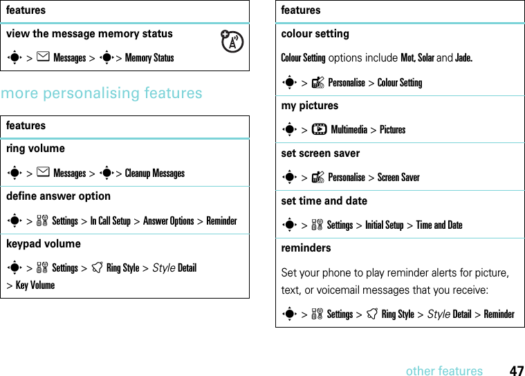 47other featuresmore personalising featuresview the message memory statuss&gt;eMessages &gt;s&gt; Memory Statusfeaturesring volumes&gt;eMessages &gt;s&gt; Cleanup Messagesdefine answer options &gt;wSettings &gt;In Call Setup &gt;Answer Options &gt; Reminderkeypad volumes &gt;wSettings &gt;tRing Style &gt; StyleDetail &gt;Key Volumefeaturescolour settingColour Setting options include Mot, Solar and Jade.s &gt;lPersonalise &gt; Colour Setting my picturess &gt;hMultimedia &gt;Pictures set screen savers &gt;lPersonalise &gt;Screen Saverset time and dates &gt;wSettings &gt;Initial Setup &gt;Time and Date remindersSet your phone to play reminder alerts for picture, text, or voicemail messages that you receive:s &gt;wSettings &gt;tRing Style &gt; StyleDetail &gt; Reminderfeatures