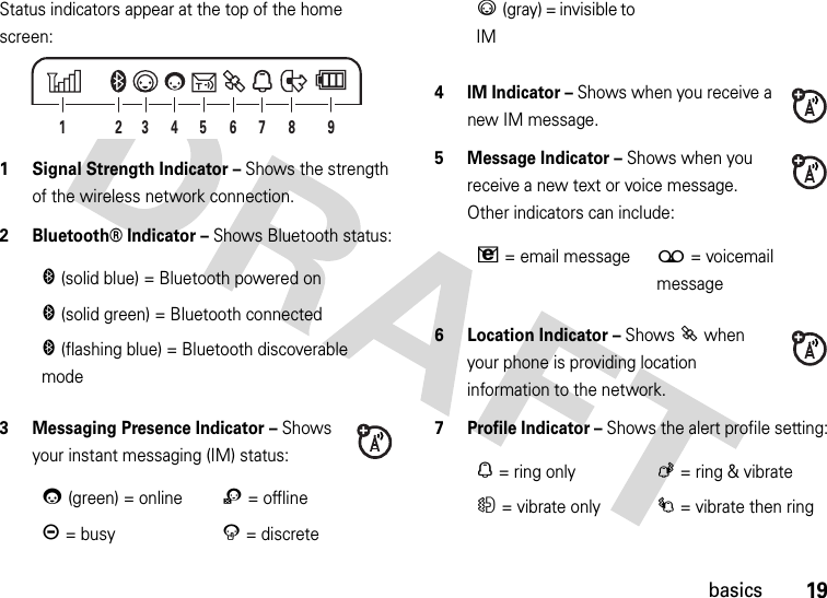 19basicsStatus indicators appear at the top of the home screen: 1 Signal Strength Indicator – Shows the strength of the wireless network connection.2 Bluetooth® Indicator – Shows Bluetooth status:3 Messaging Presence Indicator – Shows your instant messaging (IM) status:4IM Indicator – Shows when you receive a new IM message.5 Message Indicator – Shows when you receive a new text or voice message. Other indicators can include:6 Location Indicator – Shows P when your phone is providing location information to the network.7 Profile Indicator – Shows the alert profile setting:&amp;(solid blue) = Bluetooth powered on&amp;(solid green) = Bluetooth connected&amp;(flashing blue) = Bluetooth discoverable mode0(green) = online2= offlineY= busy4= discrete9512 8734 63(gray) = invisible to IMV= email message(= voicemail messageN= ring onlyK= ring &amp; vibrateH= vibrate onlyI= vibrate then ring