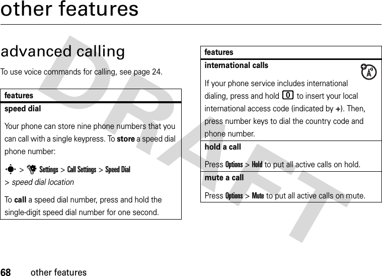 68other featuresother featuresadvanced callingTo use voice commands for calling, see page 24.featuresspeed dialYour phone can store nine phone numbers that you can call with a single keypress. To store a speed dial phone number:s &gt;uSettings &gt;Call Settings &gt;Speed Dial &gt;speed dial locationTo call a speed dial number, press and hold the single-digit speed dial number for one second.international callsIf your phone service includes international dialing, press and hold 0 to insert your local international access code (indicated by +). Then, press number keys to dial the country code and phone number.hold a callPress Options&gt;Hold to put all active calls on hold.mute a callPress Options&gt;Mute to put all active calls on mute.features