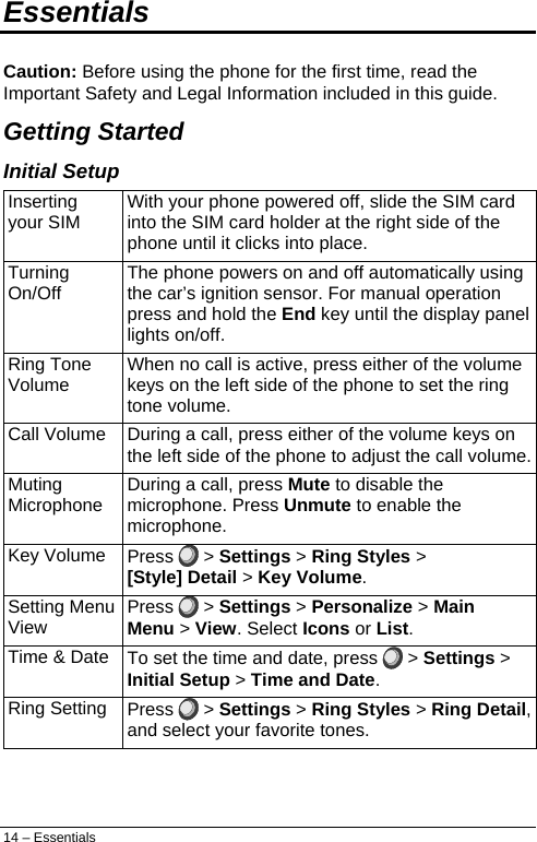  14 – Essentials Essentials Caution: Before using the phone for the first time, read the Important Safety and Legal Information included in this guide. Getting Started Initial Setup Inserting your SIM  With your phone powered off, slide the SIM card into the SIM card holder at the right side of the phone until it clicks into place.  Turning On/Off  The phone powers on and off automatically using the car’s ignition sensor. For manual operation press and hold the End key until the display panel lights on/off. Ring Tone Volume  When no call is active, press either of the volume keys on the left side of the phone to set the ring tone volume. Call Volume  During a call, press either of the volume keys on the left side of the phone to adjust the call volume.Muting Microphone  During a call, press Mute to disable the microphone. Press Unmute to enable the microphone. Key Volume  Press   &gt; Settings &gt; Ring Styles &gt; [Style] Detail &gt; Key Volume. Setting Menu View  Press   &gt; Settings &gt; Personalize &gt; Main Menu &gt; View. Select Icons or List. Time &amp; Date  To set the time and date, press   &gt; Settings &gt; Initial Setup &gt; Time and Date. Ring Setting  Press   &gt; Settings &gt; Ring Styles &gt; Ring Detail,and select your favorite tones. 