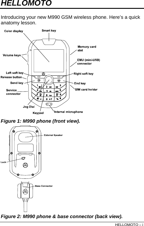  HELLOMOTO Introducing your new M990 GSM wireless phone. Here’s a quick anatomy lesson.  Figure 1: M990 phone (front view).  Figure 2: M990 phone &amp; base connector (back view). HELLOMOTO – i 