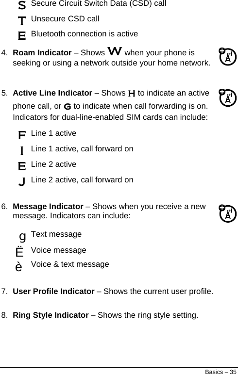  S Secure Circuit Switch Data (CSD) call T Unsecure CSD call E Bluetooth connection is active  4.  Roam Indicator – Shows W when your phone is seeking or using a network outside your home network.  5. Active Line Indicator – Shows h to indicate an active phone call, or g to indicate when call forwarding is on. Indicators for dual-line-enabled SIM cards can include:  F Line 1 active I Line 1 active, call forward on E Line 2 active J Line 2 active, call forward on  6.  Message Indicator – Shows when you receive a new message. Indicators can include:  g Text message ËVoice message èVoice &amp; text message 7.  User Profile Indicator – Shows the current user profile. 8.  Ring Style Indicator – Shows the ring style setting. Basics – 35 