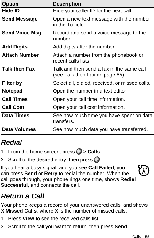  Calls – 55 Option  Description Hide ID Hide your caller ID for the next call. Send Message Open a new text message with the number in the To field. Send Voice Msg Record and send a voice message to the number. Add Digits Add digits after the number. Attach Number Attach a number from the phonebook or recent calls lists. Talk then Fax Talk and then send a fax in the same call (see Talk then Fax on page 65). Filter by Select all, dialed, received, or missed calls.Notepad Open the number in a text editor. Call Times Open your call time information. Call Cost Open your call cost information. Data Times See how much time you have spent on data transfers. Data Volumes See how much data you have transferred. Redial  1.  From the home screen, press   &gt; Calls. 2.  Scroll to the desired entry, then press  . If you hear a busy signal, and you see Call Failed, you can press Send or Retry to redial the number. When the call goes through, your phone rings one time, shows Redial Successful, and connects the call. Return a Call  Your phone keeps a record of your unanswered calls, and shows X Missed Calls, where X is the number of missed calls. 1. Press View to see the received calls list. 2.  Scroll to the call you want to return, then press Send. 