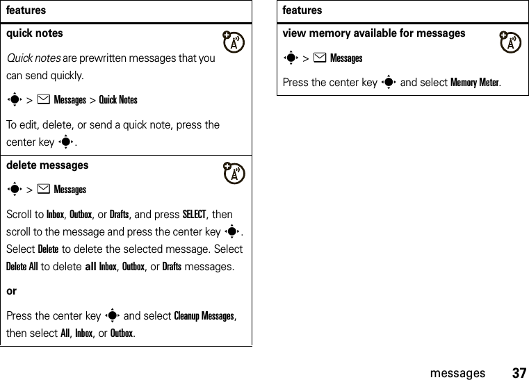 37messagesquick notesQuick notes are prewritten messages that you can send quickly. s &gt;eMessages &gt;Quick NotesTo edit, delete, or send a quick note, press the center keys.delete messagess &gt;eMessagesScroll to Inbox, Outbox, or Drafts, and press SELECT, then scroll to the message and press the center keys. Select Delete to delete the selected message. Select Delete All to delete all Inbox, Outbox, or Drafts messages.orPress the center keys and select Cleanup Messages, then select All, Inbox, or Outbox.featuresview memory available for messagess &gt;eMessagesPress the center keys and select Memory Meter.features