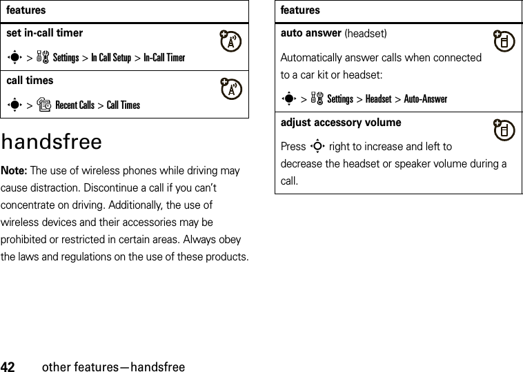 42other features—handsfreehandsfreeNote: The use of wireless phones while driving may cause distraction. Discontinue a call if you can’t concentrate on driving. Additionally, the use of wireless devices and their accessories may be prohibited or restricted in certain areas. Always obey the laws and regulations on the use of these products.featuresset in-call timers &gt;wSettings &gt;In Call Setup &gt;In-Call Timercall timess &gt;sRecent Calls &gt;Call Timesfeaturesauto answer (headset)Automatically answer calls when connected to a car kit or headset:s &gt;wSettings &gt;Headset &gt;Auto-Answeradjust accessory volumePress S right to increase and left to decrease the headset or speaker volume during a call.