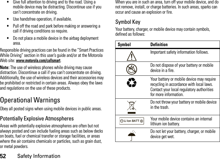 52Safety Information•Give full attention to driving and to the road. Using a mobile device may be distracting. Discontinue use if you can’t concentrate on driving.•Use handsfree operation, if available.•Pull off the road and park before making or answering a call if driving conditions so require.•Do not place a mobile device in the airbag deployment area.Responsible driving practices can be found in the “Smart Practices While Driving” section in this user’s guide and/or at the Motorola Web site: www.motorola.com/callsmart.Note: The use of wireless phones while driving may cause distraction. Discontinue a call if you can’t concentrate on driving. Additionally, the use of wireless devices and their accessories may be prohibited or restricted in certain areas. Always obey the laws and regulations on the use of these products.Operational WarningsObey all posted signs when using mobile devices in public areas.Potentially Explosive AtmospheresAreas with potentially explosive atmospheres are often but not always posted and can include fueling areas such as below decks on boats, fuel or chemical transfer or storage facilities, or areas where the air contains chemicals or particles, such as grain dust, or metal powders.When you are in such an area, turn off your mobile device, and do not remove, install, or charge batteries. In such areas, sparks can occur and cause an explosion or fire.Symbol KeyYour battery, charger, or mobile device may contain symbols, defined as follows:Symbol DefinitionImportant safety information follows.Do not dispose of your battery or mobile device in a fire.Your battery or mobile device may require recycling in accordance with local laws. Contact your local regulatory authorities for more information.Do not throw your battery or mobile device in the trash.Your mobile device contains an internal lithium ion battery.Do not let your battery, charger, or mobile device get wet.032374o032376o032375o032378oLi Ion BATT