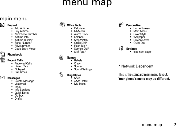 menu map7menu mapmain menu[Prepaid• Add Airtime• Buy Airtime• My Phone Number• Airtime Info• Airtime Display• Serial Number• SIM Number• Code Entry ModenPhonebooksRecent Calls• Received Calls• Dialed Calls• Notepad• Call TimeseMessages• Create Message•Voicemail• Inbox• Info Services•QuickNotes• Outbox•DraftsÉOffice Tools•Calculator• MyMenu•AlarmClock• Calendar•StopWatch•QuickDial*•FixedDial*• Service Dial*• SIM App.*QGames• Rebels•Crazy•Soccer• Sound SettingstRing Styles•Style•Style Detail• My ToneslPersonalize• Home Screen• Main Menu• Color Style• Wallpaper• Screen Saver•QuickDialwSettings• (see next page)* Network DependentThis is the standard main menu layout. Your phone’s menu may be different.