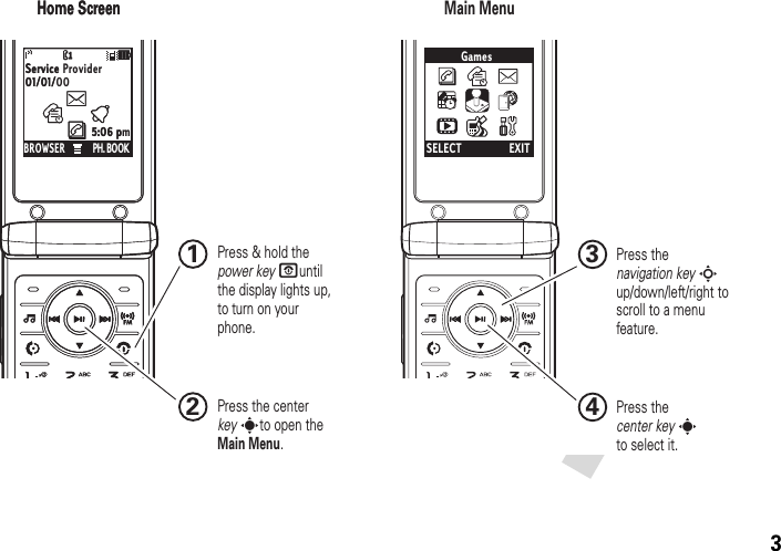 3BROWSERService 01/01/PH. BOOK5:06 pìHome ScreenSELECT EXITGamesBROWSERService Provider01/01/00PH. BOOK5:06 pmìHome Screen Main MenuPress thecenter key s to select it.4Press thenavigation key Sup/down/left/right toscroll to a menu feature.3 Press &amp; hold thepower key Puntilthe display lights up,to turn on your phone.2Press the centerkey sto open the Main Menu.1