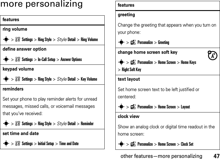 other features—more personalizing47more personalizingfeaturesring volumes&gt;wSettings &gt;Ring Style &gt; StyleDetail &gt;Ring Volumedefine answer options &gt;wSettings &gt;In-Call Setup &gt;Answer Optionskeypad volumes &gt;wSettings &gt;Ring Style &gt; StyleDetail &gt;Key VolumeremindersSet your phone to play reminder alerts for unread messages, missed calls, or voicemail messages that you’ve received:s &gt;wSettings &gt;Ring Style &gt; StyleDetail &gt;Reminderset time and dates &gt;wSettings &gt;Initial Setup &gt;Time and Date greetingChange the greeting that appears when you turn on your phone:s &gt;lPersonalize &gt;Greetingchange home screen soft keys &gt;lPersonalize &gt;Home Screen &gt;Home Keys &gt;Right Soft Keytext layoutSet home screen text to be left justified or centered:s &gt;lPersonalize &gt;Home Screen &gt;Layoutclock viewShow an analog clock or digital time readout in the home screen:s &gt;lPersonalize &gt;Home Screen &gt;Clock Setfeatures