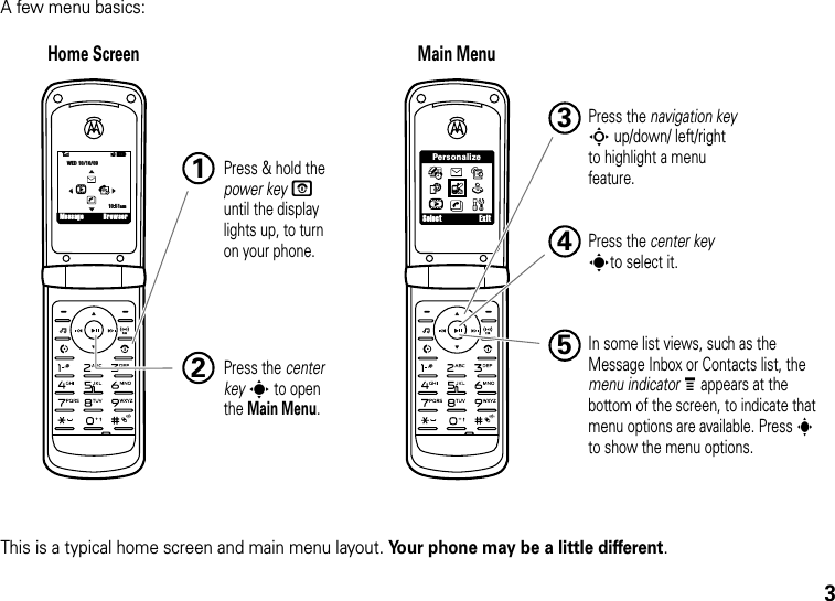 3A few menu basics:This is a typical home screen and main menu layout. Your phone may be a little different.PersonalizeSelect Exit6ÎìWED 10/10/0910:51amhMessage BrowserHome Screen Main Menu Press &amp; hold the power key P until the display lights up, to turn on your phone.1In some list views, such as the Message Inbox or Contacts list, the menu indicator M appears at the bottom of the screen, to indicate that menu options are available. Press sto show the menu options.5Press the navigation key S up/down/ left/right to highlight a menu feature.Press the center key s to openthe Main Menu.2Press the center key sto select it.43