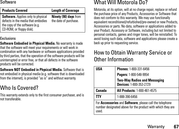 Warranty67SoftwareExclusionsSoftware Embodied in Physical Media. No warranty is made that the software will meet your requirements or will work in combination with any hardware or software applications provided by third parties, that the operation of the software products will be uninterrupted or error free, or that all defects in the software products will be corrected.Software NOT Embodied in Physical Media. Software that is not embodied in physical media (e.g. software that is downloaded from the internet), is provided “as is” and without warranty.Who Is Covered?This warranty extends only to the first consumer purchaser, and is not transferable.What Will Motorola Do?Motorola, at its option, will at no charge repair, replace or refund the purchase price of any Products, Accessories or Software that does not conform to this warranty. We may use functionally equivalent reconditioned/refurbished/pre-owned or new Products, Accessories or parts. No data, software or applications added to your Product, Accessory or Software, including but not limited to personal contacts, games and ringer tones, will be reinstalled. To avoid losing such data, software and applications please create a back up prior to requesting service.How to Obtain Warranty Service or Other InformationProducts Covered Length of CoverageSoftware. Applies only to physical defects in the media that embodies the copy of the software (e.g. CD-ROM, or floppy disk).Ninety (90) days from the date of purchase.USA Phones: 1-800-331-6456Pagers: 1-800-548-9954Two-Way Radios and Messaging Devices: 1-800-353-2729Canada All Products: 1-800-461-4575TTY1-888-390-6456For Accessories and Software, please call the telephone number designated above for the product with which they are used.