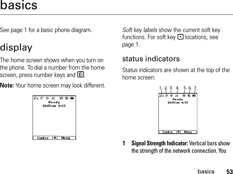 53basicsbasicsSee page 1 for a basic phone diagram.displayThe home screen shows when you turn on the phone. To dial a number from the home screen, press number keys andS.Note: Your home screen may look different.Soft key labels show the current soft key functions. For soft key - locations, see page 1.status indicatorsStatus indicators are shown at the top of the home screen:1Signal Strength Indicator: Vertical bars show the strength of the network connection. You 1. 2. 3. 4. 5. 6. 7.