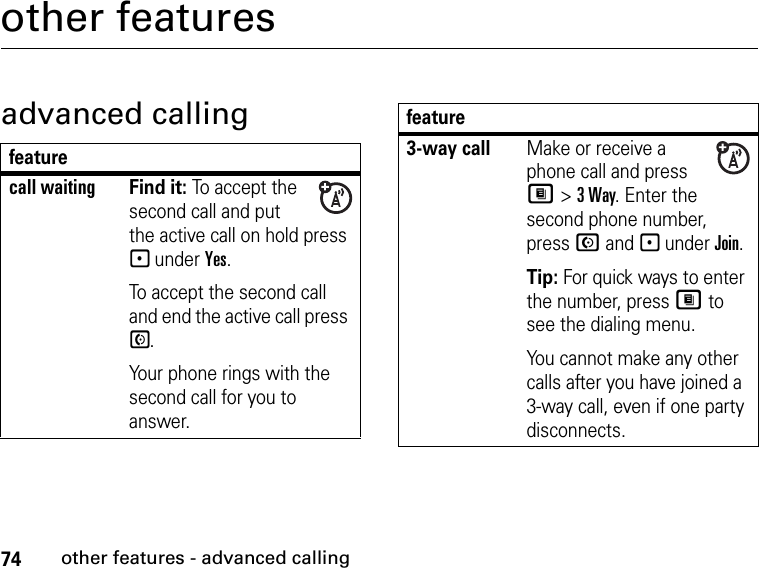 74other features - advanced callingother featuresadvanced callingfeaturecall waitingFind it: To accept the second call and put the active call on hold press - under Yes.To accept the second call and end the active call press S.Your phone rings with the second call for you to answer.3-way callMake or receive a phone call and press M &gt; 3 Way. Enter the second phone number, press N and - under Join.Tip: For quick ways to enter the number, press M to see the dialing menu.You cannot make any other calls after you have joined a 3-way call, even if one party disconnects.feature