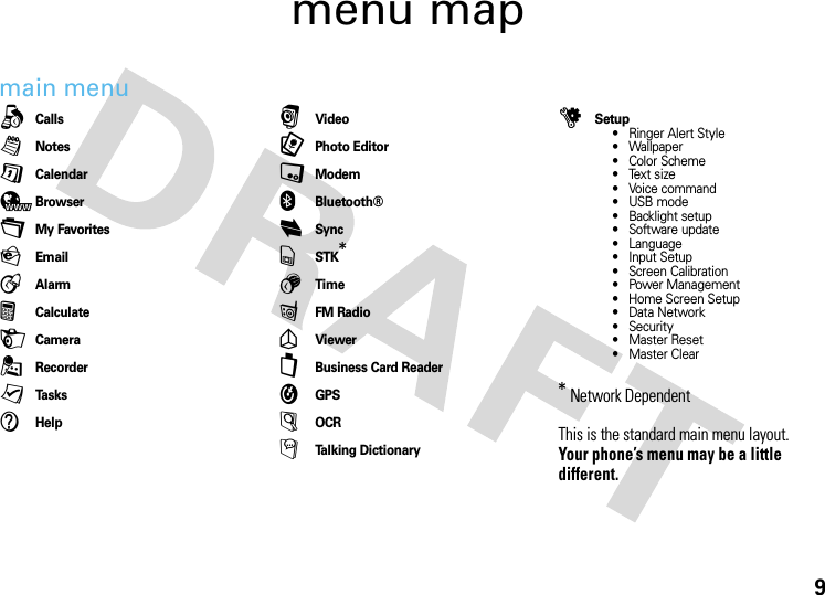 9menu mapmain menuqCallslNotesGCalendar4Browser+My FavoritesPEmailAAlarmFCalculateHCamera.RecorderyTa s k sVHelprVideo9Photo Editor,Modem0Bluetooth®iSyncvSTK* 5TimefFM RadioñViewer-Business Card ReaderÀGPSÂOCRÁTalking DictionaryuSetup• Ringer Alert Style• Wallpaper• Color Scheme•Text size• Voice command• USB mode• Backlight setup• Software update• Language• Input Setup• Screen Calibration• Power Management• Home Screen Setup•Data Network• Security• Master Reset• Master Clear* Network DependentThis is the standard main menu layout. Your phone’s menu may be a little different.