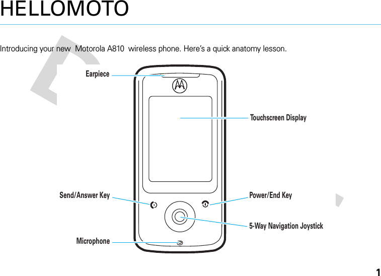 1HELLOMOTOIntroducing your new  Motorola A810  wireless phone. Here’s a quick anatomy lesson.   MicrophonePower/End KeySend/Answer Key   Earpiece To u chscreen Display5-Way Navigation Joystick