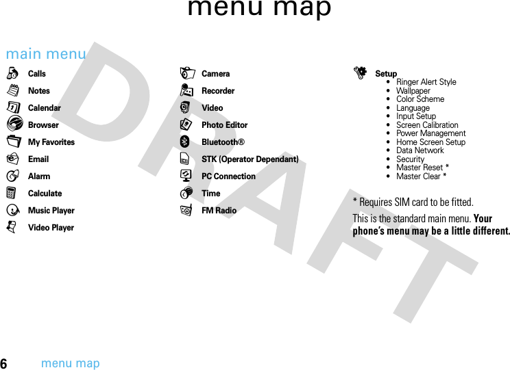 6menu mapmenu mapmain menuqCallslNotesGCalendarEBrowser+My FavoritesPEmailAAlarmFCalculateÃMusic PlayerjVideo PlayerHCamera.RecorderrVideo9Photo Editor0Bluetooth®vSTK (Operator Dependant))PC Connection5TimefFM RadiouSetup• Ringer Alert Style• Wallpaper• Color Scheme• Language• Input Setup• Screen Calibration• Power Management• Home Screen Setup• Data Network• Security• Master Reset *• Master Clear ** Requires SIM card to be fitted.This is the standard main menu. Your phone’s menu may be a little different.