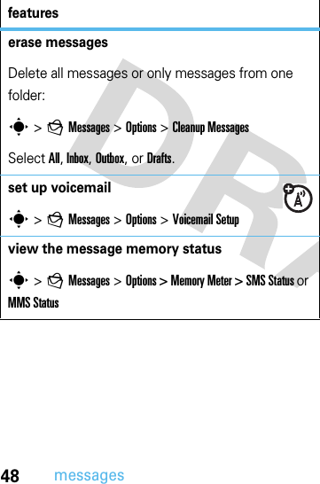 48messageserase messagesDelete all messages or only messages from one folder:s&gt;gMessages &gt; Options &gt; Cleanup MessagesSelect All, Inbox, Outbox, or Drafts.set up voicemails&gt;gMessages &gt;Options &gt; Voicemail Setupview the message memory statuss&gt;gMessages &gt;Options &gt; Memory Meter &gt; SMS Status or MMS Statusfeatures