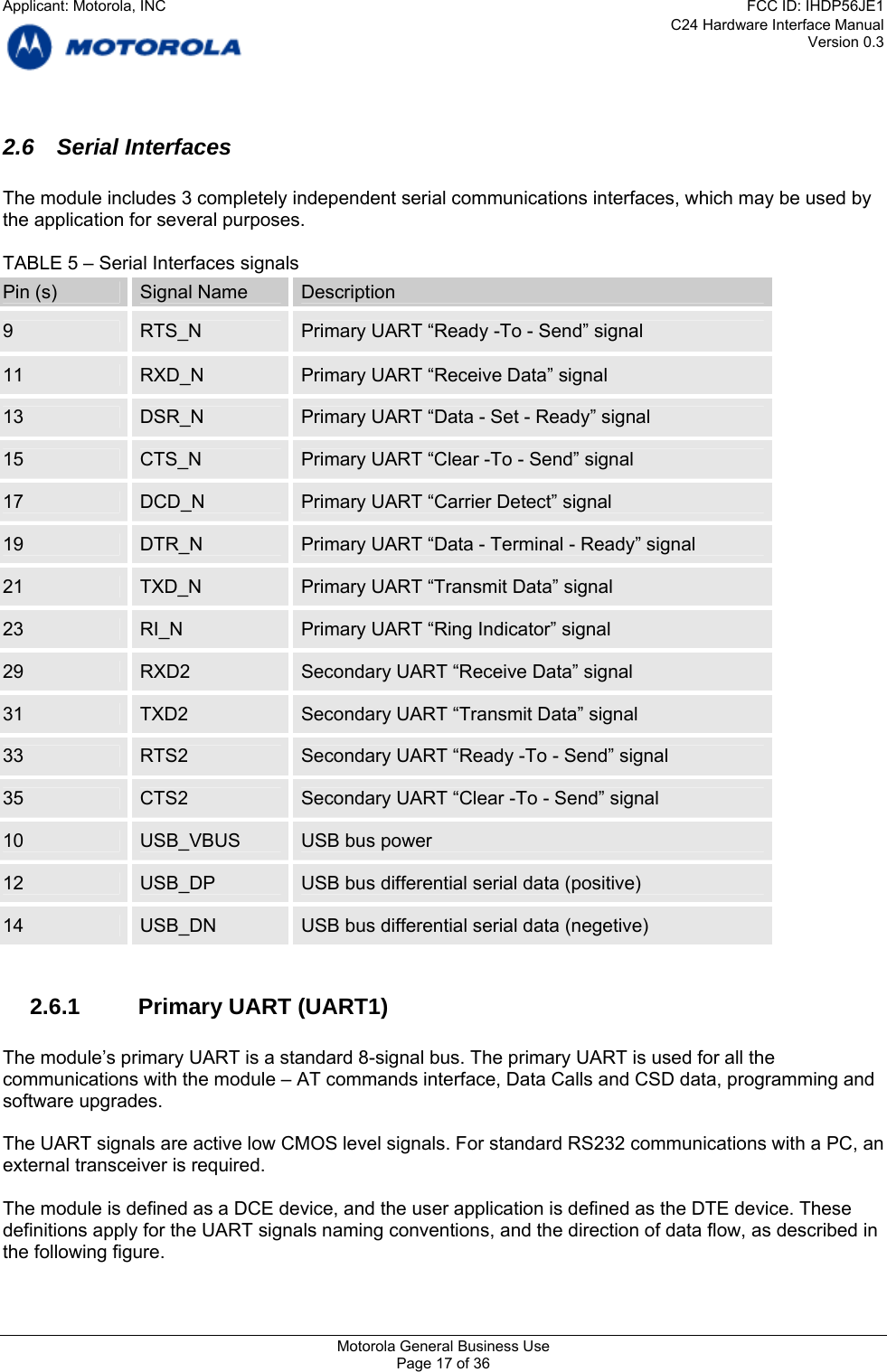 C24 Hardware Interface Manual Version 0.3 2.6 Serial Interfaces  The module includes 3 completely independent serial communications interfaces, which may be used by the application for several purposes.  TABLE 5 – Serial Interfaces signals Pin (s)  Signal Name  Description 9  RTS_N  Primary UART “Ready -To - Send” signal 11  RXD_N  Primary UART “Receive Data” signal 13  DSR_N  Primary UART “Data - Set - Ready” signal 15  CTS_N  Primary UART “Clear -To - Send” signal 17  DCD_N  Primary UART “Carrier Detect” signal 19  DTR_N  Primary UART “Data - Terminal - Ready” signal 21  TXD_N  Primary UART “Transmit Data” signal 23  RI_N  Primary UART “Ring Indicator” signal 29  RXD2  Secondary UART “Receive Data” signal 31  TXD2  Secondary UART “Transmit Data” signal 33  RTS2  Secondary UART “Ready -To - Send” signal 35  CTS2  Secondary UART “Clear -To - Send” signal 10  USB_VBUS  USB bus power 12  USB_DP  USB bus differential serial data (positive)  14  USB_DN  USB bus differential serial data (negetive)  2.6.1  Primary UART (UART1)  The module’s primary UART is a standard 8-signal bus. The primary UART is used for all the communications with the module – AT commands interface, Data Calls and CSD data, programming and software upgrades.  The UART signals are active low CMOS level signals. For standard RS232 communications with a PC, an external transceiver is required.  The module is defined as a DCE device, and the user application is defined as the DTE device. These definitions apply for the UART signals naming conventions, and the direction of data flow, as described in the following figure. Motorola General Business Use Page 17 of 36 Applicant: Motorola, INCFCC ID: IHDP56JE1