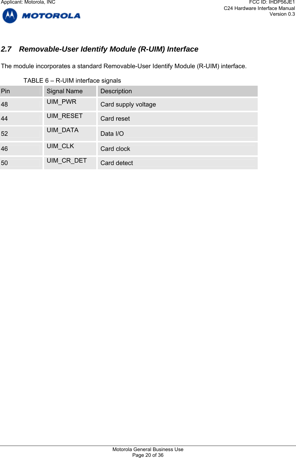 C24 Hardware Interface Manual Version 0.3 2.7  Removable-User Identify Module (R-UIM) Interface  The module incorporates a standard Removable-User Identify Module (R-UIM) interface.    TABLE 6 – R-UIM interface signals Pin  Signal Name  Description 48  UIM_PWR  Card supply voltage 44  UIM_RESET  Card reset UIM_DATA  52  Data I/O UIM_CLK  46  Card clock 50  UIM_CR_DET  Card detect   Motorola General Business Use Page 20 of 36 Applicant: Motorola, INCFCC ID: IHDP56JE1