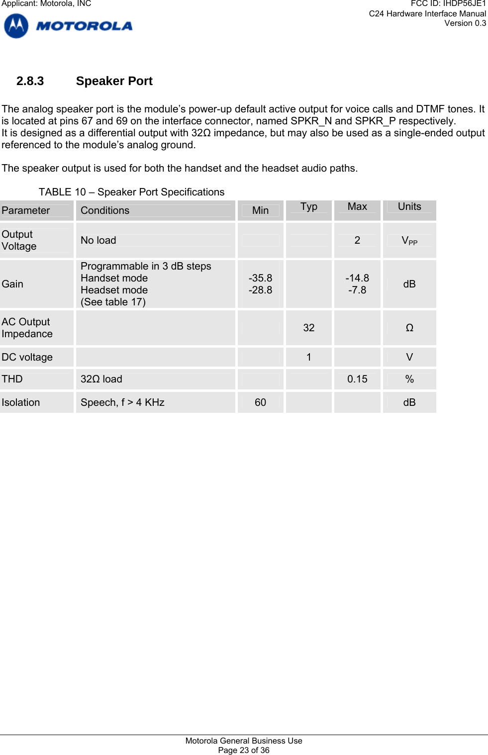 C24 Hardware Interface Manual Version 0.3 2.8.3 Speaker Port  The analog speaker port is the module’s power-up default active output for voice calls and DTMF tones. It is located at pins 67 and 69 on the interface connector, named SPKR_N and SPKR_P respectively. It is designed as a differential output with 32Ω impedance, but may also be used as a single-ended output referenced to the module’s analog ground.  The speaker output is used for both the handset and the headset audio paths.  TABLE 10 – Speaker Port Specifications Parameter  Conditions  Min  Typ  Max  Units Output  No load      2  VPP Voltage Gain Programmable in 3 dB steps   Handset mode Headset mode (See table 17) -35.8  -14.8  dB -28.8  -7.8  AC Output      32   Ω Impedance DC voltage      1   V THD  32Ω load      0.15  % Isolation  Speech, f &gt; 4 KHz  60      dB   Motorola General Business Use Page 23 of 36 Applicant: Motorola, INCFCC ID: IHDP56JE1