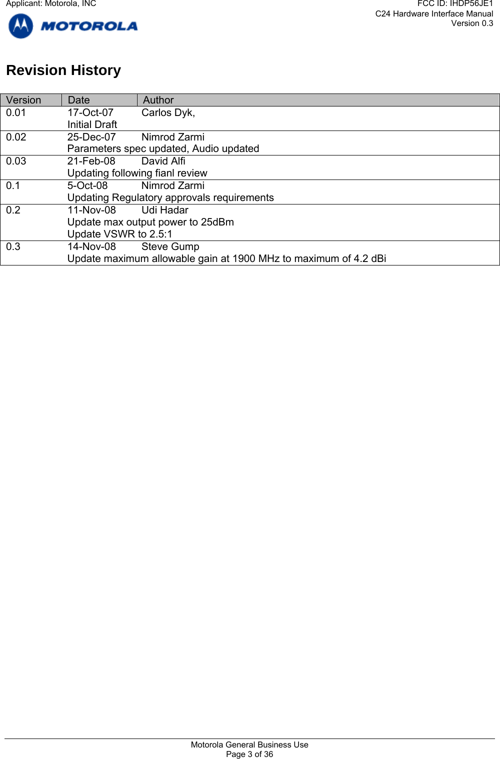 C24 Hardware Interface Manual Version 0.3 Revision History  Version  Date  Author 0.01 17-Oct-07 Carlos Dyk,   Initial Draft 0.02 25-Dec-07 Nimrod Zarmi   Parameters spec updated, Audio updated  0.03  21-Feb-08  David Alfi    Updating following fianl review 0.1  5-Oct-08  Nimrod Zarmi    Updating Regulatory approvals requirements 0.2 11-Nov-08 Udi Hadar   Update max output power to 25dBm   Update VSWR to 2.5:1 0.3 14-Nov-08 Steve Gump   Update maximum allowable gain at 1900 MHz to maximum of 4.2 dBi     Motorola General Business Use Page 3 of 36 Applicant: Motorola, INCFCC ID: IHDP56JE1