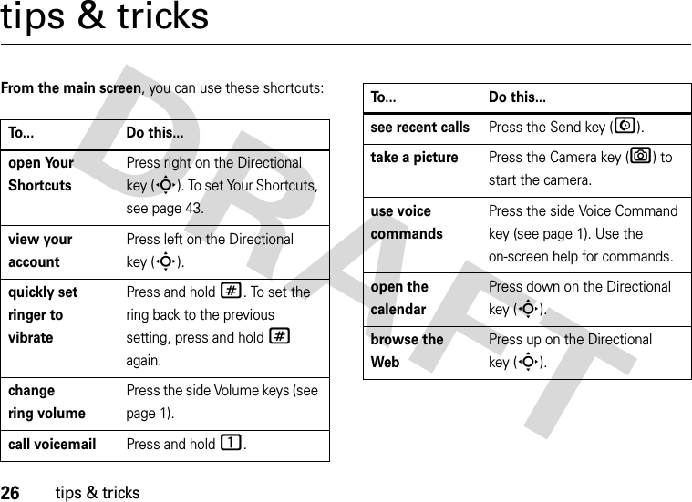 26tips &amp; trickstips &amp; tricksFrom the main screen, you can use these shortcuts:To... Do this...open Your ShortcutsPress right on the Directional key (S). To set Your Shortcuts, see page 43. view your accountPress left on the Directional key (S). quickly set ringer to vibratePress and hold #. To set the ring back to the previous setting, press and hold # again.change ring volumePress the side Volume keys (see page 1).call voicemailPress and hold 1.see recent callsPress the Send key (N).take a picturePress the Camera key (e) to start the camera.use voice commandsPress the side Voice Command key (see page 1). Use the on-screen help for commands.open the calendarPress down on the Directional key (S).browse the WebPress up on the Directional key (S).To... Do this...