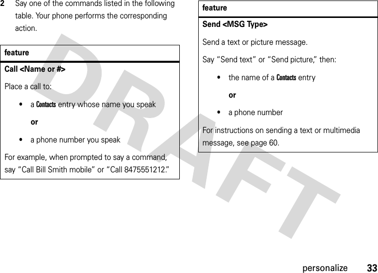 33personalize2Say one of the commands listed in the following table. Your phone performs the corresponding action.featureCall &lt;Name or #&gt;Place a call to:•a Contacts entry whose name you speakor•a phone number you speakFor example, when prompted to say a command, say “Call Bill Smith mobile” or “Call 8475551212.”Send &lt;MSG Type&gt;Send a text or picture message. Say “Send text” or “Send picture,” then:•the name of a Contacts entryor•a phone numberFor instructions on sending a text or multimedia message, see page 60.feature